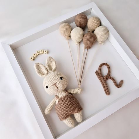 Handmade cute bunny Riley is ready, with natural-toned balloons! 🐰🎈 Perfect as a newborn gift. 🌟 #crochet #amigurumi #newborn #babygift" Crochet Gifts For Newborns, Crochet Newborn Gifts, Crochet Nursery Decor, Crochet Baby Costumes, Nursery Frames, Personalized Nursery Decor, Crochet Nursery, Crochet Newborn, Bunny Nursery