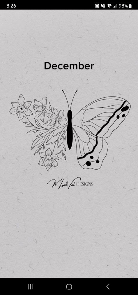 January Birth Flower Tattoo With Butterfly, December Birth Flower Butterfly Tattoo, January Butterfly Tattoo, December Butterfly Tattoo, September Butterfly Tattoo, Butterfly Tattoo With Birth Flowers, December Baby Tattoo Ideas, December Birth Tattoo Ideas, Birth Flower Butterfly Tattoo