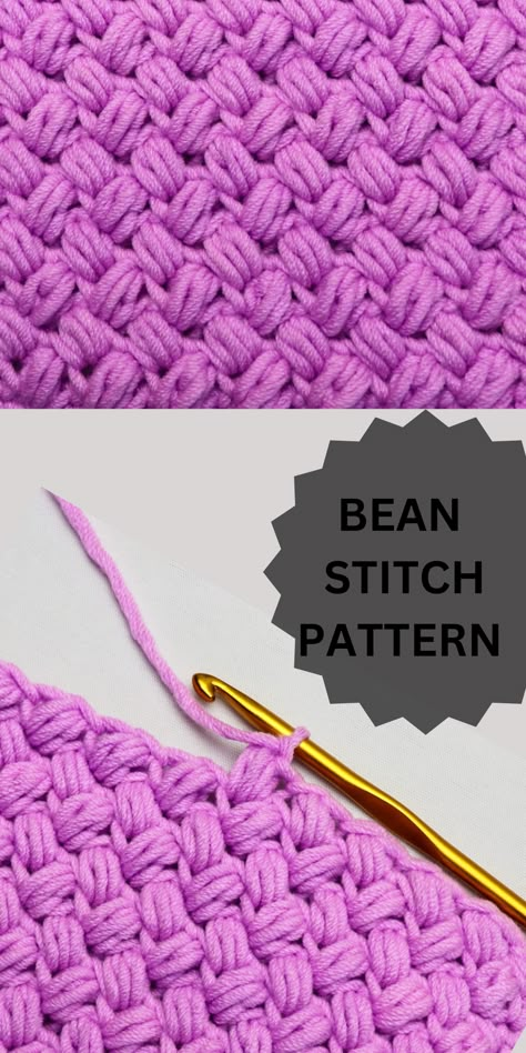 crochet bean stitch tutorial Modern Haken, Crochet Blanket Stitch Pattern, Puff Stitch Crochet, Modern Crochet Blanket, Bean Stitch, Crochet Blanket Pattern Easy, Crochet Pillow Cover, Crochet Stitches For Blankets, Crochet Stitches Free