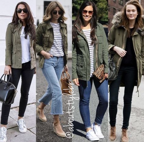 Green Cargo Jacket Outfit, Green Parka Outfit Winter, Army Green Shirt Outfit, Winter Outfits For Short Women, Cargo Jacket Outfit, Olive Green Jacket Outfits, Green Parka Outfit, Green Jeans Outfit, Utility Jacket Outfit