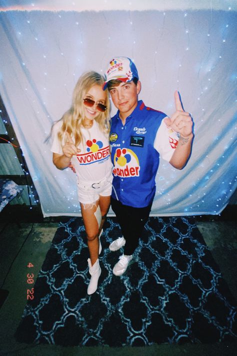 Couples Race Car Costumes, Guy Duo Costumes, Nascar Couples Costume, Taladaganights Couple Costume, Cute Couple Halloween Costumes College, Hoco Duos, Ricky And Carly Bobby Costume, Race Car Driver Halloween Costume Couple, Golfer And Caddy Couples Costume