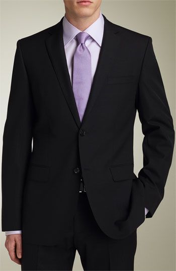 MENSWEAR : black suit, light gray or white shirt, lavender tie Chambelan Outfits, Chambelanes Outfits, White Tuxedo Wedding, Purple Tuxedo, Purple Quince, Lavender Shirt, Lavender Tie, Costume Noir, Purple Suits