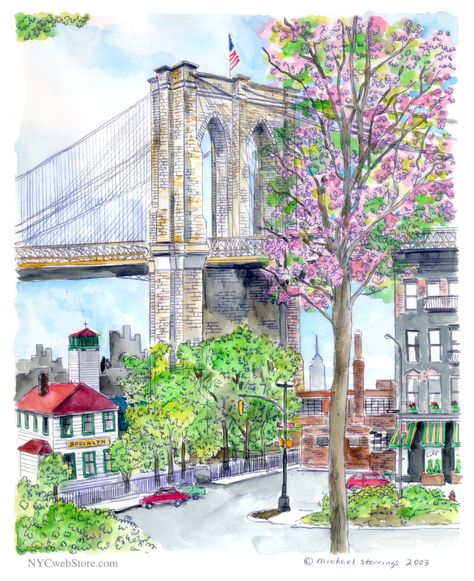 Brooklyn Bridge watercolor. Michael Storrings, Park Illustration, Brooklyn Bridge Park, Visit New York, Spring Prints, New York Art, Puzzle Game, Brooklyn Bridge, New Yorker