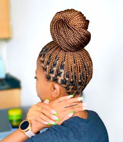 Knotless Braids in a Bun Updo Vacay Hair, Brown Box Braids, Latest Hair Braids, Big Box Braids Hairstyles, Colored Braids, Bun Updo, Braided Bun Hairstyles, Braided Cornrow Hairstyles, Box Braids Hairstyles For Black Women