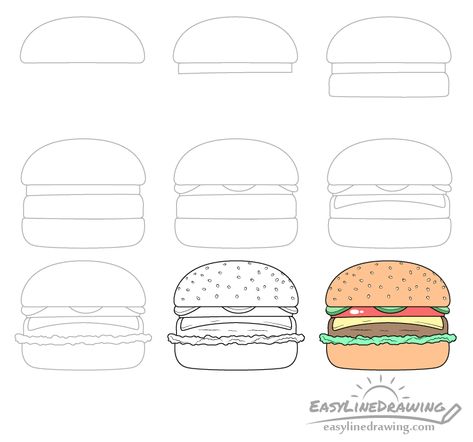 How to Draw a Burger Step by Step - EasyLineDrawing Burger Drawing Easy, Drawing Burger, Hamburger Drawing, Tomato Drawing, Burger Drawing, Cheese Drawing, Panini Hamburger, Hamburger Recipe, On A Bun