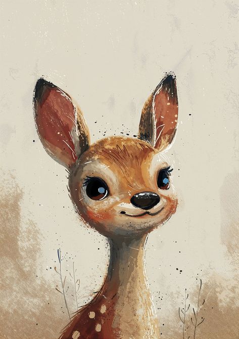 Cute Woodland Creatures, Cute Watercolor Animals Simple, Whimsical Forest Art, Woodland Pictures, Fawn Illustration, Baby Deer Art, Watercolor Art Kids, Baby Animal Painting, Watercolor Woodland Animals