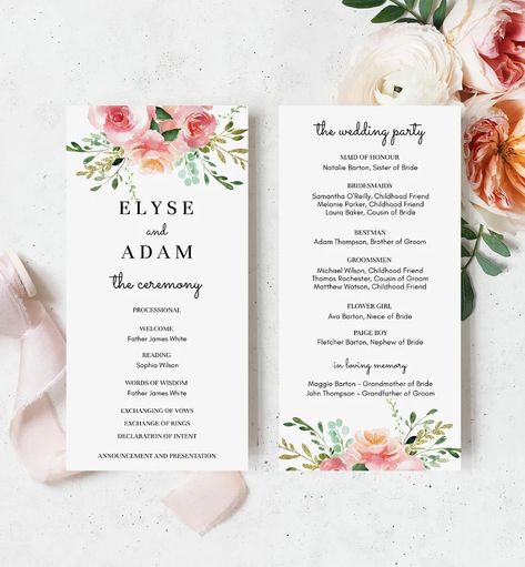 Editable Wedding Ceremony Program Printable Blush Floral | Etsy Australia Wedding Service Program, Order Of Ceremony, Blush Floral Wedding, Diy Wedding Stationery, Wedding Ceremony Ideas, Wedding Ceremony Programs, Wedding Programs Template, Ceremony Programs, Invitation Baby Shower