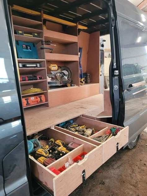 Transit Van Racking Ideas, Van Organization Construction, Carpenter Van Setup, Van Racking Ideas Carpenter, Van Tool Storage Ideas, Tool Trailer Organization Ideas, Van Storage Ideas Tools, Work Van Storage Ideas, Work Van Organization Ideas