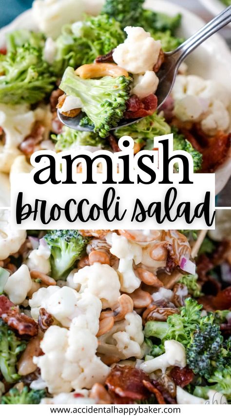 This classic Amish Broccoli Cauliflower Salad is both creamy and crunchy, filled with fresh broccoli, cauliflower, cashews, bacon, and raisins, all coated in a tangy homemade dressing. Creamy Cauliflower Cashew Salad, Amish Broccoli Salad Recipe, Brocoli And Cauliflower Salad, Amish Broccoli Cauliflower Salad, Broccoli Cauliflower Salad Recipes, Broccoli Salads, Amish Broccoli Salad, Best Broccoli Salad Recipe, Mennonite Recipes