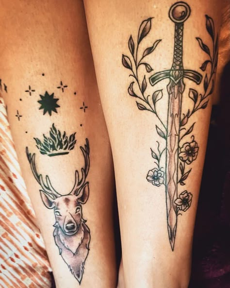 Sjm Tattoos, Sjm Tattoo, Tog Tattoo, Throne Of Glass Tattoo, Rowan Whitethorn, Stag Tattoo, Book Tattoos, Glass Tattoo, Hawk Tattoo