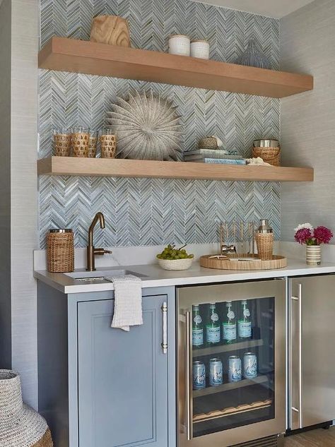 Blue Wet bar Cabinets with Blue and Gray Glass Herringbone Backsplash Tiles - Transitional - Kitchen Wet Bar Colored Cabinets, Wet Bar Countertop Ideas, Blue Tile Backsplash Kitchen Wood Cabinets, Herringbone Kitchen Backsplash Ideas, Wet Bar With Open Shelving, Wet Bar Wallpaper, Floating Shelves Wet Bar, Wet Bar In Dining Room, Blue Backsplash With White Cabinets