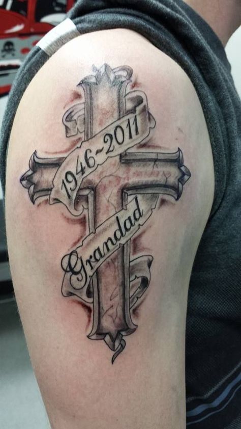 50 Designs You Should See Before Getting a Memorial Tattoo R.i.p Tattoos For Men, Cross Tattoo Meaning, Unique Cross Tattoos, Rip Tattoo, Tattoos Infinity, Tattoo Shading, Dad Tattoo, Remembrance Tattoos, Cross Tattoo For Men