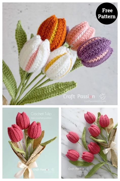 Crochet Realistic Flowers Free Pattern, Crocheted Tulips, Beautiful Amigurumi, Crochet Free Patterns, Crochet Flowers Easy, Crochet Flowers Free Pattern, Crochet Bouquet, Crocheted Flowers, Crochet Motif Patterns