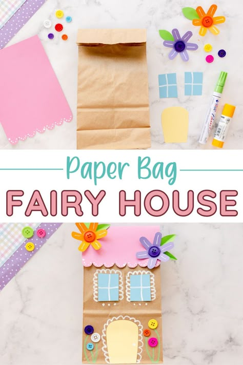 Using simple art supplies like paper, buttons, and markers you can create a captivating world of magic and imagination with this Paper Bag Fairy House! A Projects For Preschool, Spring Themed Crafts For Kids, Kids Hat Craft, Princess Diy Crafts, Fairy Garden Crafts For Kids, Fairy Art Preschool, Simple Kid Activities, Community Crafts For Kids, Fun After School Activities For Kids