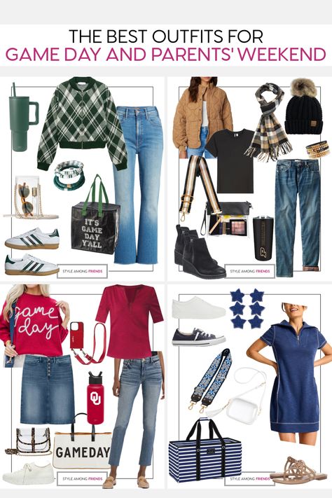 Excited to hit the road and visit your college student? Trying to decide what outfit to sport while exploring campus or attending a football game? We’re here to help! Take a look at our latest blog post featuring 8 stylish color combinations perfect for game day outfits. All approved by over 50 moms! Dads, we’ve got options for you too! Cheers to the team! #gameday #parentsweekend #collegefootball #fashionover50 Football Game Outfits For Women Over 40, College Parents Weekend Outfit, Casual Outfits For Women In Their 40s, Cold Weather Football Game Outfit, College Parents Weekend, Mom Game Day Outfit, College Tailgate Outfit, Weekend Outfit Fall, College Gameday Outfits