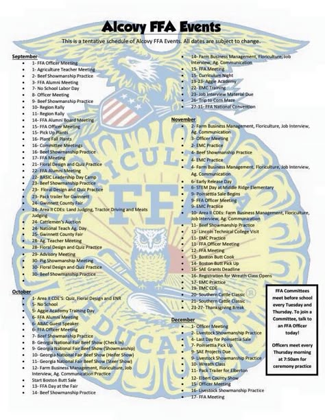 Fantastic way for all members to see what is happening during the semester and it looks nice too. Alcovy FFA - www.OneLessThing.net Community Service Ideas For Ffa, Ffa Activities High Schools, Agriculture Classroom Decorations, Agriculture Education Activities, National Ffa Week, Animal Science Activities, Agriculture Classroom, Community Service Ideas, Curriculum Night