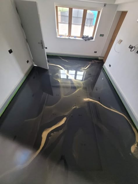 Black And White Epoxy Garage Floor, Black Marble Epoxy Floor, Matte Epoxy Floors In Home, Poxy Floors, Black And Gold Epoxy Floor, Apoxie Floors, Black Floor Ideas, Gold Epoxy Floor, Green Epoxy Floor