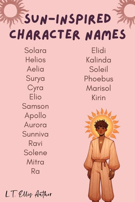 Names To Give Your Character, Themes For Characters, Sun Oc Design, Story Themes Ideas, Sun Related Names, Sun Inspired Names, Different Powers For Characters, Unique Power Ideas, Sun Themed Character Design