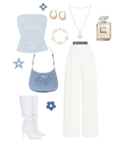 Chanel, Prada, van cleef & arples 18th Birthday Outfit Casual, Blue And White Outfit Ideas, Blue White Outfit, Pastel Blue Outfit, Baby Blue Outfit, Sky Blue Outfit, Sparkly Pants, Blue And White Outfits, 18th Birthday Outfit