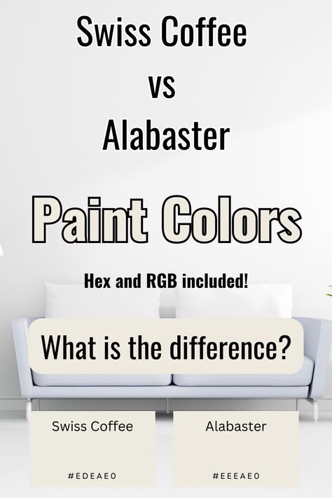 In this article, you will learn about Swiss Coffee and Alabaster colors including a side-by-side comparison. If you are considering either of these colors, the following information will help you make the right decision. Swiss Coffee Vs Alabaster, Greek Villa Vs Alabaster, Painting Over Paneling, Alabaster Paint, Pink Powder Room, Dark Brown Leather Sofa, Coordinating Paint Colors, Greek Villa, Alabaster Color