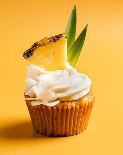 Pina Colada Cupcakes, Tropical Desserts, Dried Pineapple, Cake Base, Coconut Frosting, Pineapple Rum, Cupcakes Recipe, Summer Cocktail, Yellow Cake