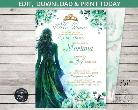 Gold Crown Quinceanera, Emerald Quince, 15 Decorations, Emerald Green Quinceanera Theme, Blue Quinceanera Theme, Enchanted Forest Quinceanera, Green Quinceanera Theme, Royal Blue Quinceanera, Invitations Quinceanera