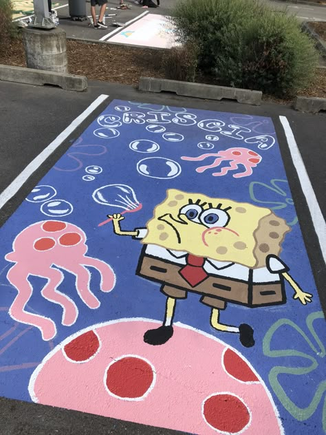 Spongebob Parking Spot, Spongebob Parking Spot Painting, Spongebob Senior Parking Spot, Parking Painting Ideas, Parking Spot Painting Disney, Senior Parking Spaces Dinosaur, Outdoor Summer Party Decorations, Disney Parking Spot Painting, Parking Spot Painting High School Cute