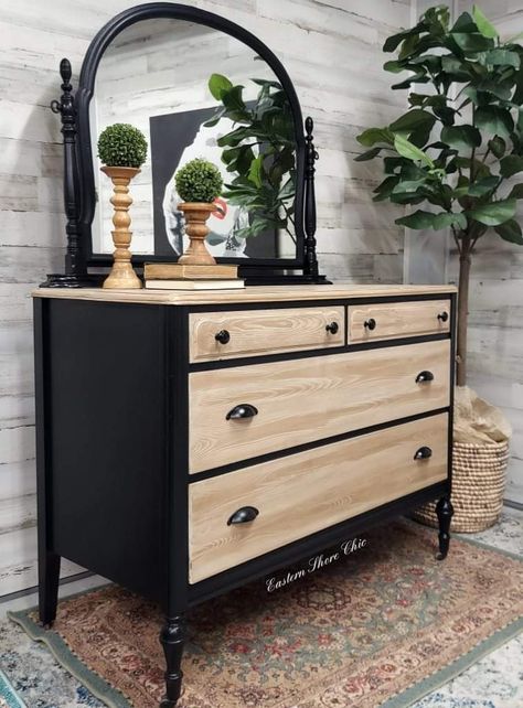 Diy Wooden Dresser Makeover, Repainting Dresser Ideas Color Combos, Black And Natural Wood Furniture, Two Tone Dresser Makeover, Black And Wood Dresser, Black Dresser Makeover, Bedroom Dresser Decor Ideas, Refinished Dresser Diy, Dresser Remodel