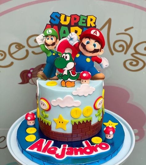 Mario Bros Cake Ideas, Supermario Cakes, Mario Bros Birthday Cake, Super Mario Bros Cake, Princess Peach Party, Mario Bros Birthday Party Ideas, Mario Birthday Cake, Toddler Birthday Cakes, Mario Bros Cake