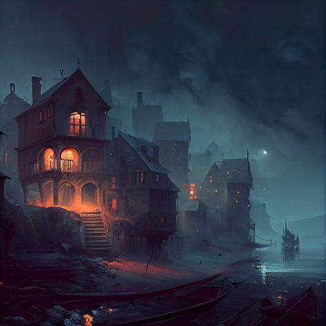 Weird Town, Ghost City, City By The Sea, Fantasy Town, Dark Castle, Leagues Under The Sea, Location Inspiration, Cosmic Horror, Scene Art