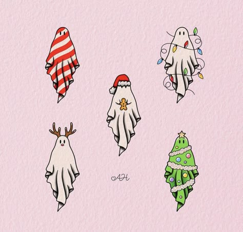 Christmas Ghost Drawing, Spooky Christmas Painting, Christmas Ghost Tattoo, Spooky Christmas Drawing, Christmas Ghost Painting, Spooky Christmas Tattoo, Spooky Christmas Art, Christmas Ink Drawing, Christmas Tattoo Flash