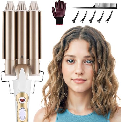 DazSpirit 3 Barrel Hair Wavers for Long/Short Hair, 22mm Hair Curler Mermaid Hair Waver with 2 Temperature Control, Waver Curling Wand for Hair Styling Appliances Waver Curling Iron, Long Short Hair, Wand Hairstyles, Hair Styling Tool, Hair Waver, How To Curl Short Hair, Long To Short Hair, Hair Supplies, Curling Wand