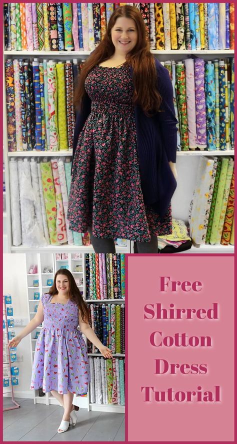 Draft your own easy dress pattern with just a few measurements. Free step by step instructions and video tutorial on how to make a cotton shirred dress in any size. Shirred Dress Plus Size, Sew Shirred Dress, Shirred Bodice Dress Pattern, Womens Dress Sewing Pattern Free, Elastic Dress Pattern, Diy Shirred Dress, Easy Dress Sewing Patterns Free, Diy Dress Pattern Easy, Shirred Dress Pattern