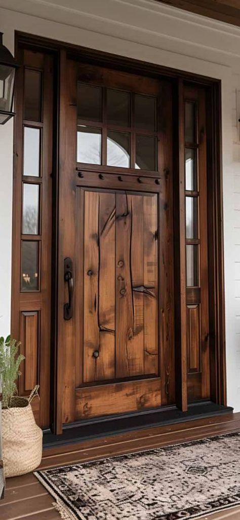 Ranch Front Door Ideas, Wooden Front Door With Sidelights, Barndominium Front Door, Wooden Front Porch Ideas, French Country Front Door, Wood Front Entry Doors, Unique Front Doors, Shed Tiny House, Mountain Home Exterior