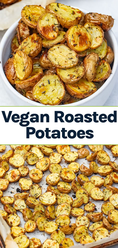 Vegan Roasted Potatoes with garlic and herbs on them. Vegan Veggie Dishes, Vegan 8 Recipes, Vegan Bean Side Dishes, Cheap Potato Recipes, Non Dairy Potato Recipes, Vegan Potato Side Dishes, Vegan Fall Side Dishes, Easy Cheap Vegetarian Recipes, Vegan Roasted Potatoes