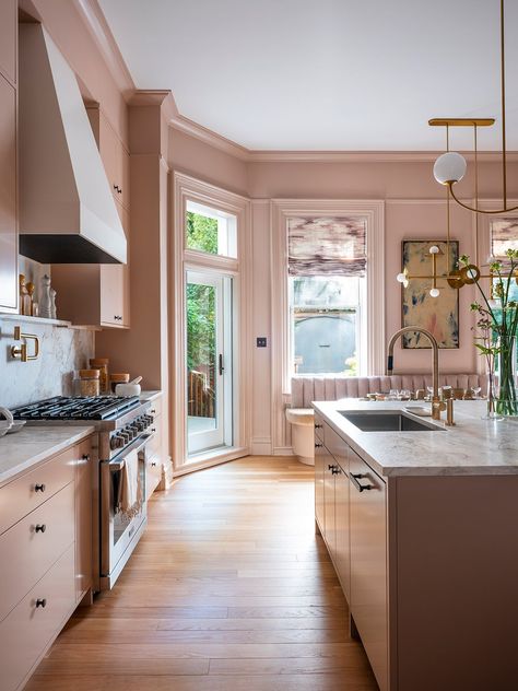 Pink Kitchen Cabinets, Plain English Kitchen, Red Ceiling, Pink Cabinets, Melamine Cabinets, Green Kitchen Cabinets, Kitchen Paint Colors, Kitchen Cabinet Colors, Pink Kitchen