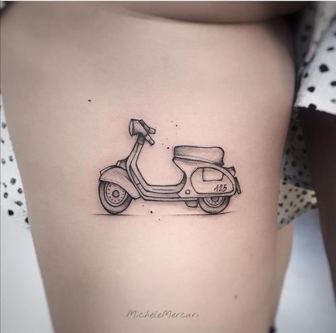 Vespa Tattoo Design, Moped Tattoo, Cherie Tattoo, Scooter Tattoo, Vespa Tattoo, Lower Leg Tattoos, Old School Tattoo Designs, Fine Line Tattoos, Old School Tattoo