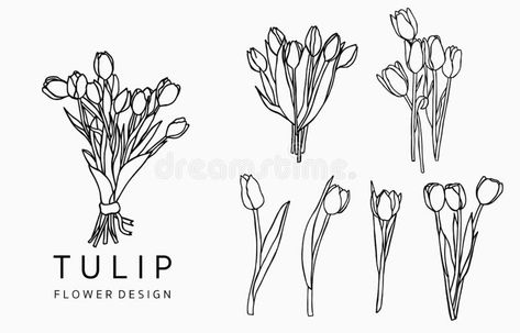 Finger Tattoos Words, Tulip Drawing, Tulip Tattoo, Minimal Tattoo Design, Bouquet Tattoo, Flower Outline, Cute Little Tattoos, Black Tulips, Tulip Bouquet