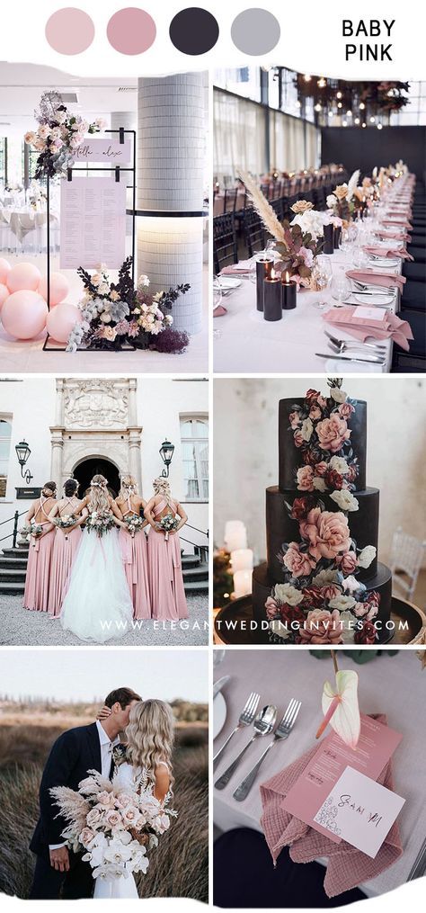 Natural Blush And Black Wedding, Modern Wedding Colours, Best Woman Outfit Wedding, Pink Black And White Wedding Ideas, Black White Gold Blush Wedding, Black Gold And Blush Wedding, Black And Colour Wedding, Color For Wedding Ideas, Black And Blush Wedding Theme