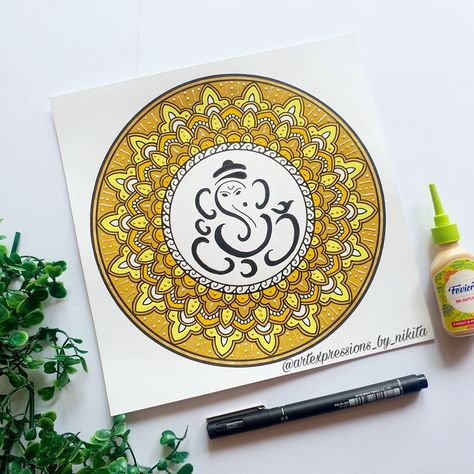 Ganesh Mandala for gifting and decor Ganesh Mandala, Colour Mandala, Ornate Mandala, Mandala Design Pattern, Mandala Art Lesson, Ganesha Painting, Art Lesson, Mandala Drawing, Minimal Art