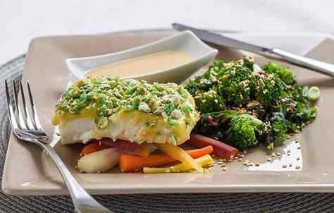 Wasabi Crusted Halibut | Spa Cuisine Crusted Halibut, Health Reset, Wasabi Peas, Spa Food, Seafood Entrees, Refreshing Food, Sweet Chili Sauce, Sweet Chili, Cooking Art