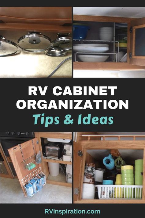 RV kitchen cabinet storage ideas and organization tips | rvinspiration.com #RVstorageideas #RVorganization #RVkitchenideas Rv Kitchen Cabinet Organization, Rv Under Sink Storage Ideas, Rv Food Storage Ideas, Rv Silverware Storage Ideas, Organize Rv, Rv Organizing, Under Kitchen Sink Storage, Rv Kitchen Organization, Camper Organization Rv Living