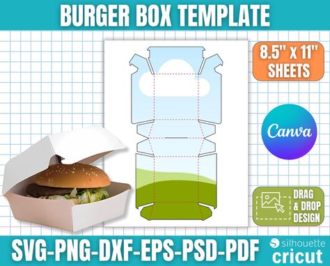 Hamburger Box, Burger Box, Packaging Diy, Cricut Cut Files, Box Template, Diy Box, Drops Design, Silhouette Designer Edition, Cheeseburger