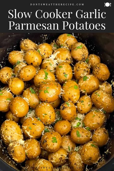 These Slow Cooker Garlic Parmesan Potatoes are the perfect super easy side dish. You only need small yellow or red potatoes, garlic, butter, olive oil,  seasonings, and a crock pot! Crock Pot New Potatoes Recipes, Garlic Parmesan Mushrooms Crockpot, Best Crock Pot Side Dishes, New Potatoes Crockpot, Easy Small Red Potato Recipes, New Potatoes In Crock Pot, Slow Cooker Mini Potatoes, Crockpot Fingerling Potatoes, Yellow Potatoes In Crockpot