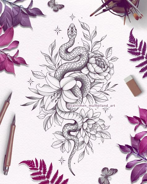 Snake Nature Tattoo, Snake Tattoo Flowers, Snake And Poppy Tattoo, Divine Feminine Snake Tattoo, Lilith Snake Tattoo, Lotus Snake Tattoo, Dayseeker Tattoo, Girly Snake Tattoo, Snake And Flowers Tattoo Design