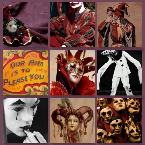 specific spooky creature, moodboard Jester Moodboard, Clown Oc Ideas, Court Jester Character Design, Jester Oc Art, Court Jester Aesthetic, Clown Moodboard, Afycso Aesthetic, Jester Core, Jester Aesthetic