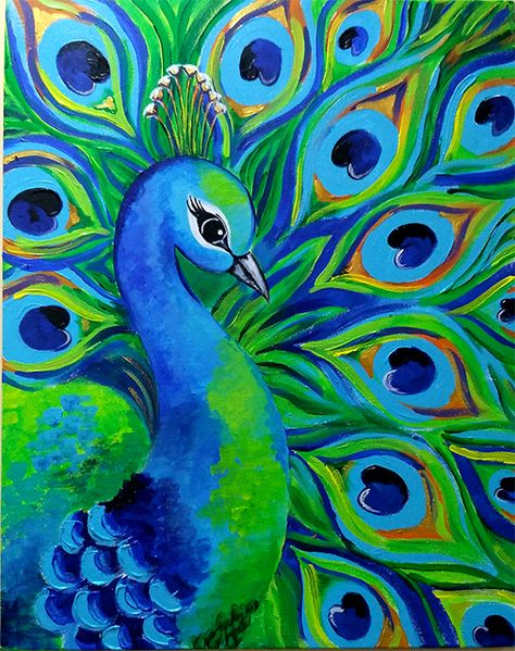 Peacock painted on canvas with acrylic colours. 16" x 18" Bird Painting Acrylic, Peacock Painting, Peacock Art, Oil Pastel Art, Acrylic Painting For Beginners, Acrylic Painting Tutorials, Small Canvas Art, Simple Acrylic Paintings, Indian Art Paintings