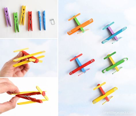 These clothespin airplanes are SO CUTE and they're really easy to make using clothespins and craft sticks (popsicle sticks). This is such a fun kids craft and a great craft for a rainy day! They look like real airplanes and the clothespins even open and close! Crafts That Start With A, Popsicle Stick Crafts For Kids, Airplane Crafts, Transportation Crafts, Popsicle Crafts, Craft Sticks, Stick Crafts, Diy Bricolage, Popsicle Stick Crafts