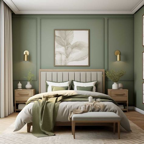 Best Wall Colour For Bedroom, Kamar Hijau Sage, Green Panel Wall Bedroom, Green Gold Cream Bedroom, Badroom Bad Idea Modern Colour, Colour For Room Bedrooms, Colour Schemes For Bedroom, Green Color Bedroom Ideas, Green Color Scheme Bedroom