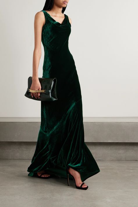 EXCLUSIVE AT NET-A-PORTER. Saloni's 'Asher' gown is cut from velvet that carries the dark-green shade so beautifully. It has a draped cowl neckline and skims your figure before pooling at the floor. Finish yours with diamond earrings and strappy sandals for special events. Sleeveless Velvet Dress, Column Skirt, Velvet Gown, Full Length Gowns, Mock Neckline, Stretch Velvet, Midi Dress Sleeveless, Green Velvet, Velvet Dress